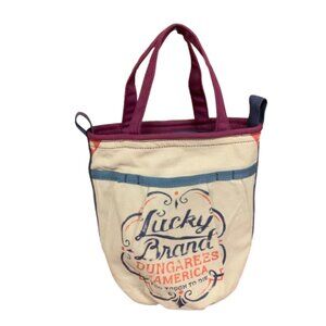 Lucky Brand Dungarees Large Cream Blue Women's Canvas Tote Bucket Bag GUC